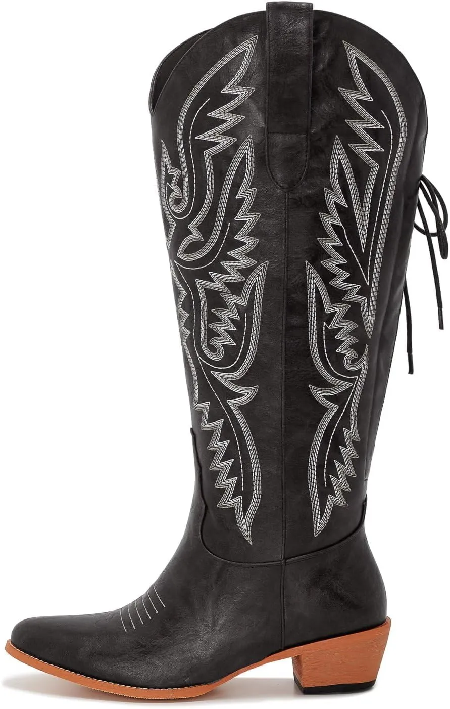 Wide Calf Cowboy Boots Women Adjustable Lace Up Knee High Tall Plus Size Cowgirl Boots Western Style Comfortable 2-Inch Heel