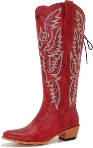 Wide Calf Cowboy Boots Women Adjustable Lace Up Knee High Tall Plus Size Cowgirl Boots Western Style Comfortable 2-Inch Heel