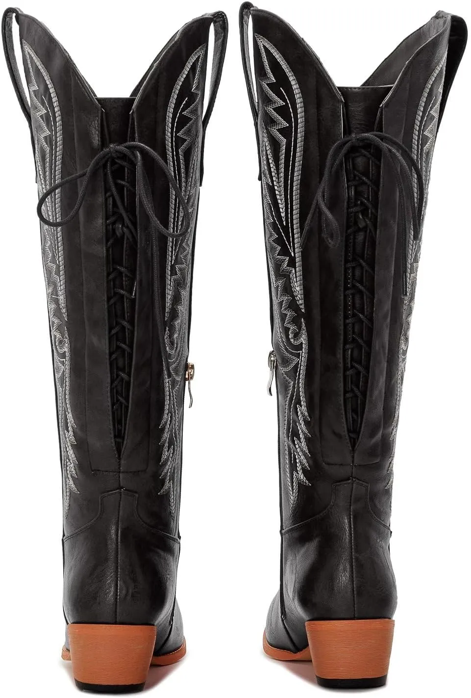 Wide Calf Cowboy Boots Women Adjustable Lace Up Knee High Tall Plus Size Cowgirl Boots Western Style Comfortable 2-Inch Heel