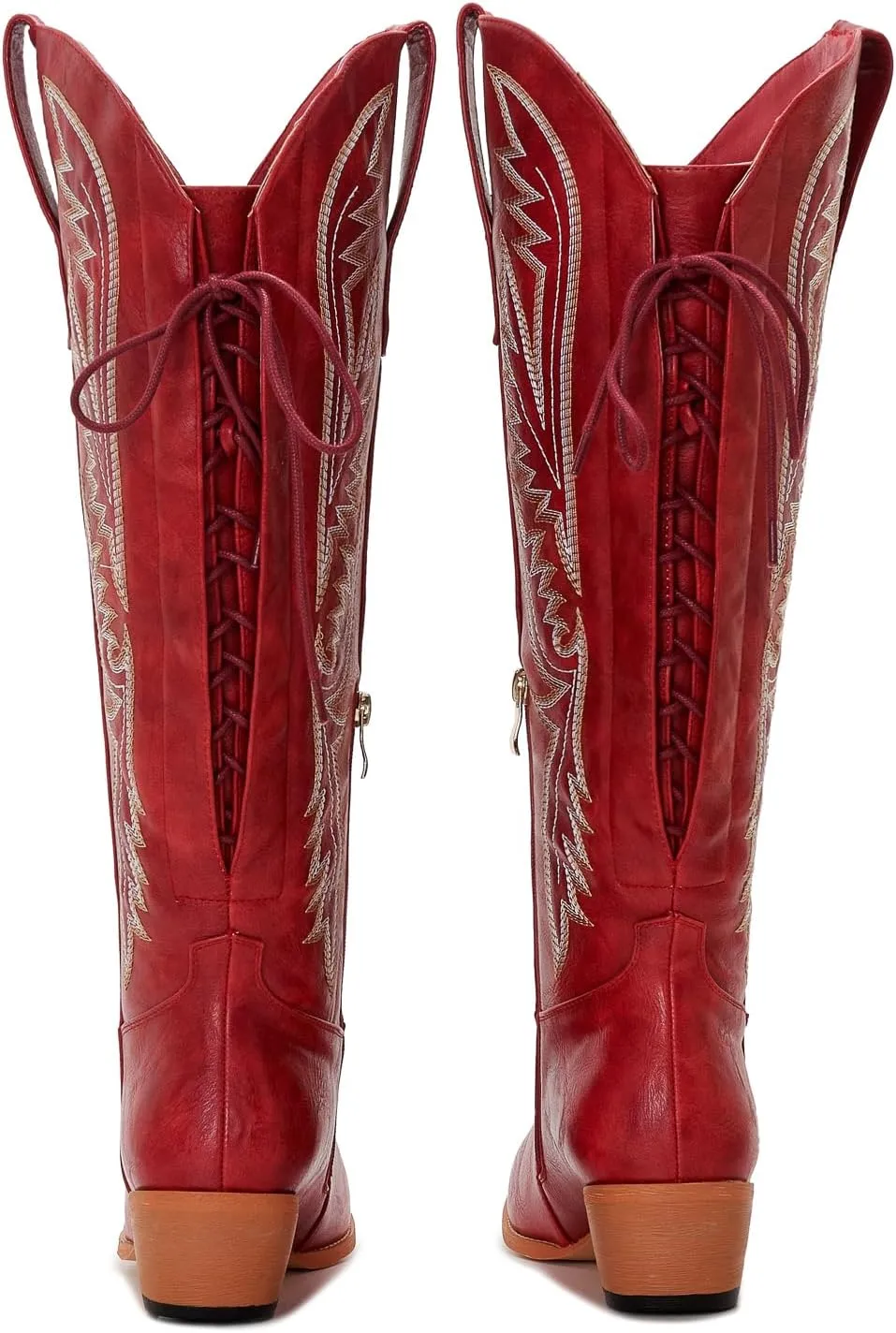 Wide Calf Cowboy Boots Women Adjustable Lace Up Knee High Tall Plus Size Cowgirl Boots Western Style Comfortable 2-Inch Heel