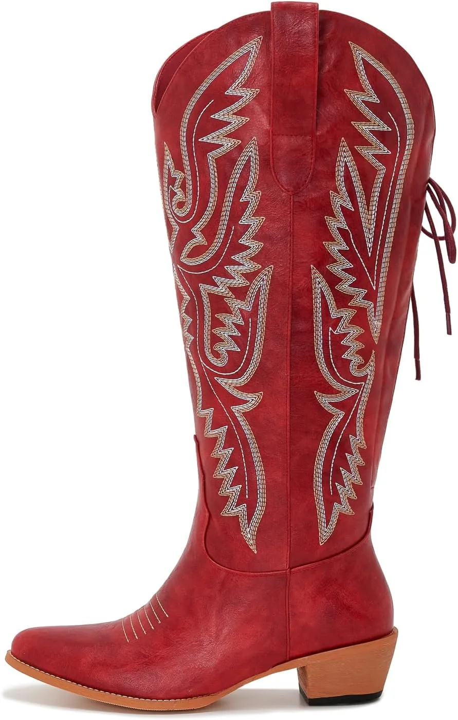 Wide Calf Cowboy Boots Women Adjustable Lace Up Knee High Tall Plus Size Cowgirl Boots Western Style Comfortable 2-Inch Heel