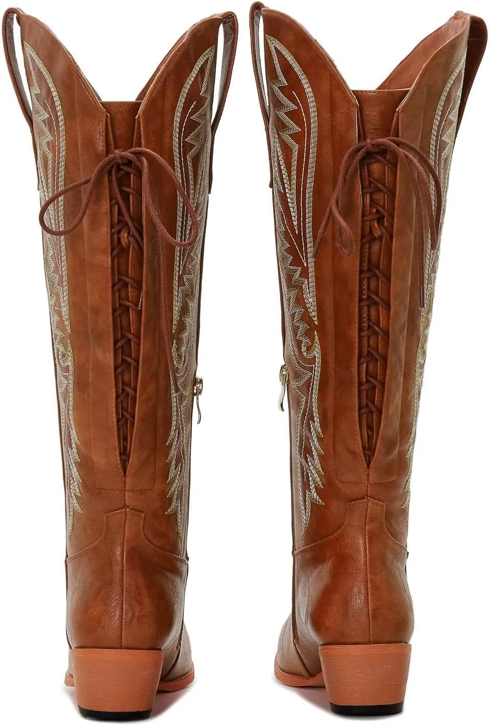 Wide Calf Cowboy Boots Women Adjustable Lace Up Knee High Tall Plus Size Cowgirl Boots Western Style Comfortable 2-Inch Heel