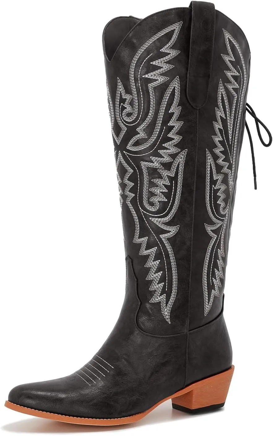 Wide Calf Cowboy Boots Women Adjustable Lace Up Knee High Tall Plus Size Cowgirl Boots Western Style Comfortable 2-Inch Heel
