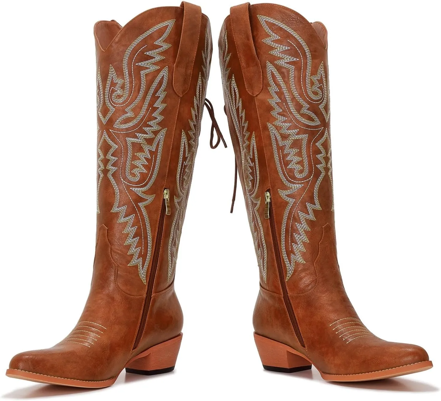 Wide Calf Cowboy Boots Women Adjustable Lace Up Knee High Tall Plus Size Cowgirl Boots Western Style Comfortable 2-Inch Heel