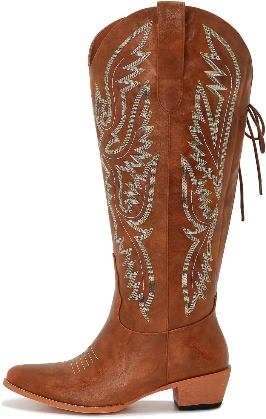 Wide Calf Cowboy Boots Women Adjustable Lace Up Knee High Tall Plus Size Cowgirl Boots Western Style Comfortable 2-Inch Heel