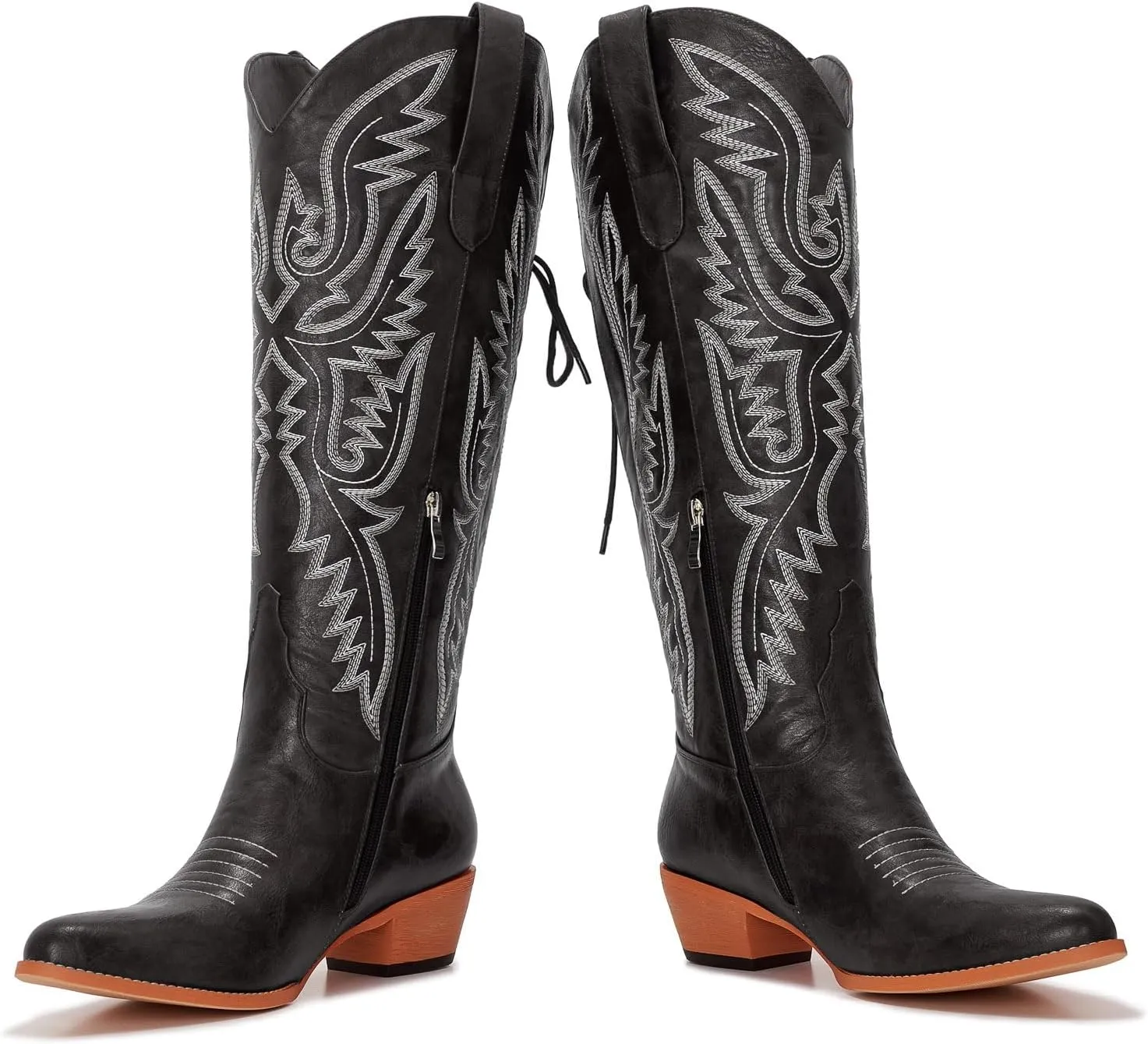 Wide Calf Cowboy Boots Women Adjustable Lace Up Knee High Tall Plus Size Cowgirl Boots Western Style Comfortable 2-Inch Heel