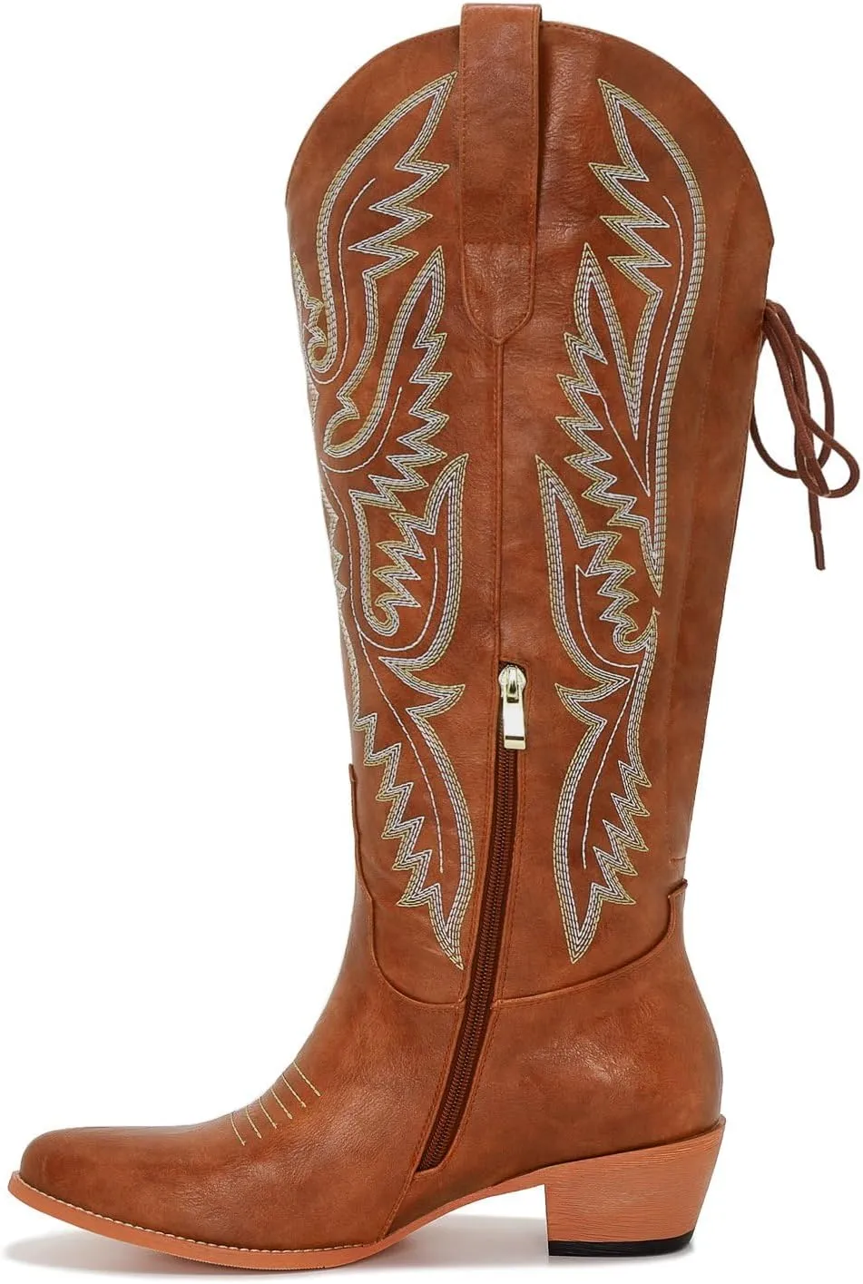 Wide Calf Cowboy Boots Women Adjustable Lace Up Knee High Tall Plus Size Cowgirl Boots Western Style Comfortable 2-Inch Heel