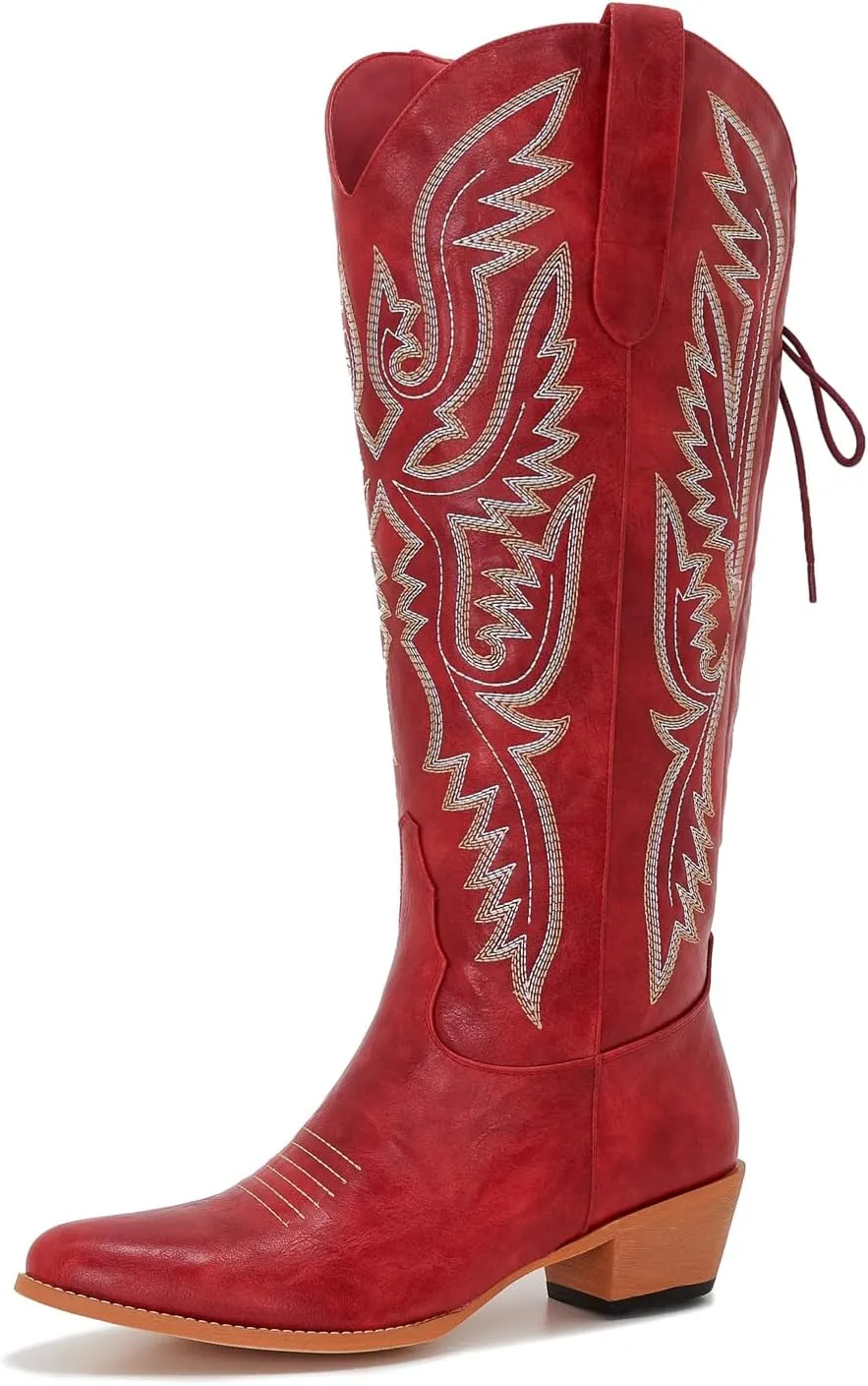 Wide Calf Cowboy Boots Women Adjustable Lace Up Knee High Tall Plus Size Cowgirl Boots Western Style Comfortable 2-Inch Heel