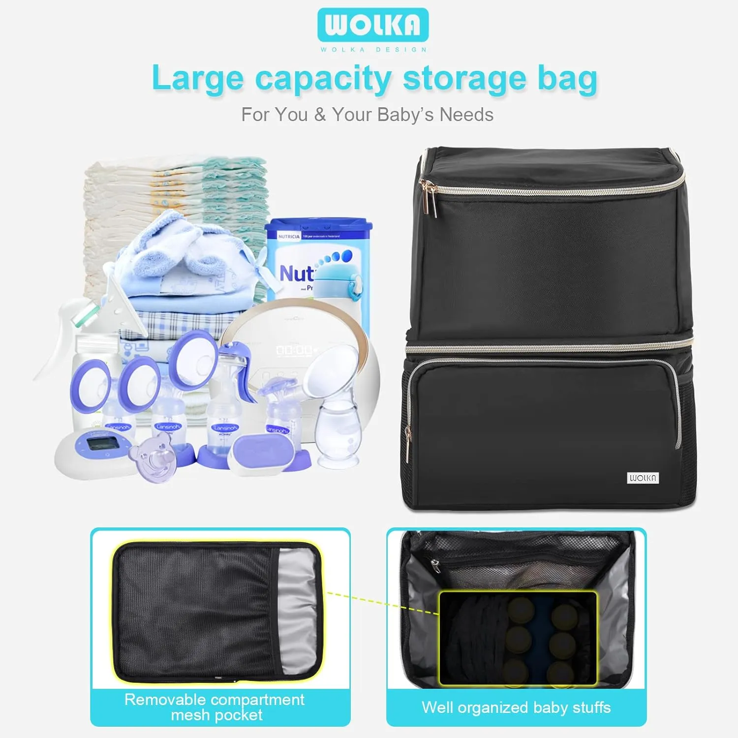 Wolka Breast Pump Bag with Dual Insulated Compartments & Removable Divider,Pumping Bag for Baby Bottle,Breast Milk Cooler Travel Bacpak,Fit Most Breast Pumps Like Medela, Spectra S1,S2, Evenflo