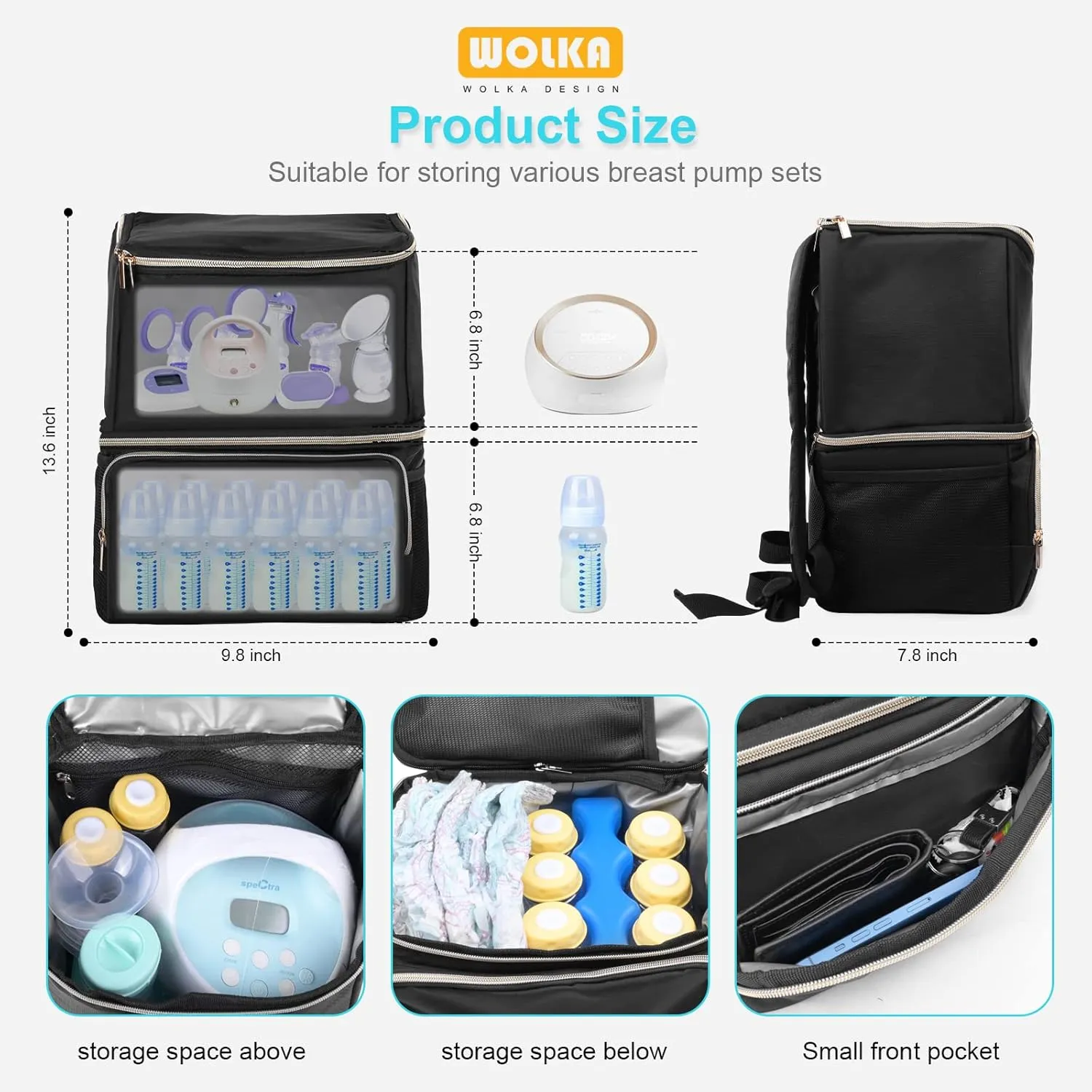 Wolka Breast Pump Bag with Dual Insulated Compartments & Removable Divider,Pumping Bag for Baby Bottle,Breast Milk Cooler Travel Bacpak,Fit Most Breast Pumps Like Medela, Spectra S1,S2, Evenflo
