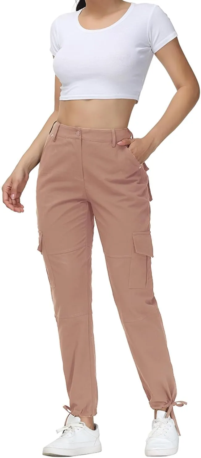 Women Cargo Pants High Waisted Casual Hiking Joggers Pants Adjustable Waist Cargos with 6 Pockets