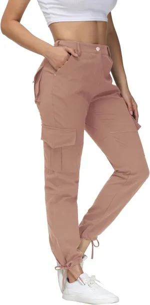 Women Cargo Pants High Waisted Casual Hiking Joggers Pants Adjustable Waist Cargos with 6 Pockets