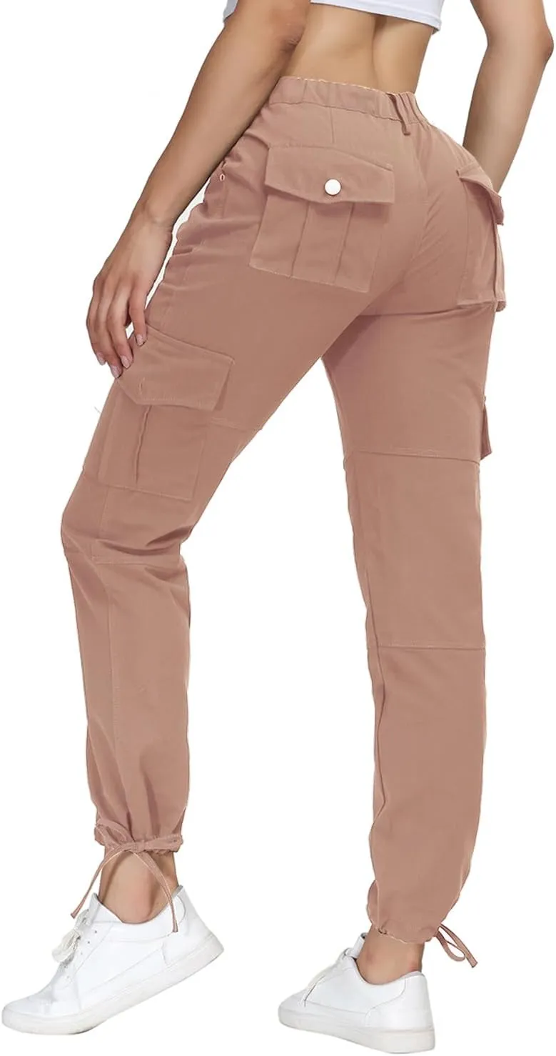 Women Cargo Pants High Waisted Casual Hiking Joggers Pants Adjustable Waist Cargos with 6 Pockets