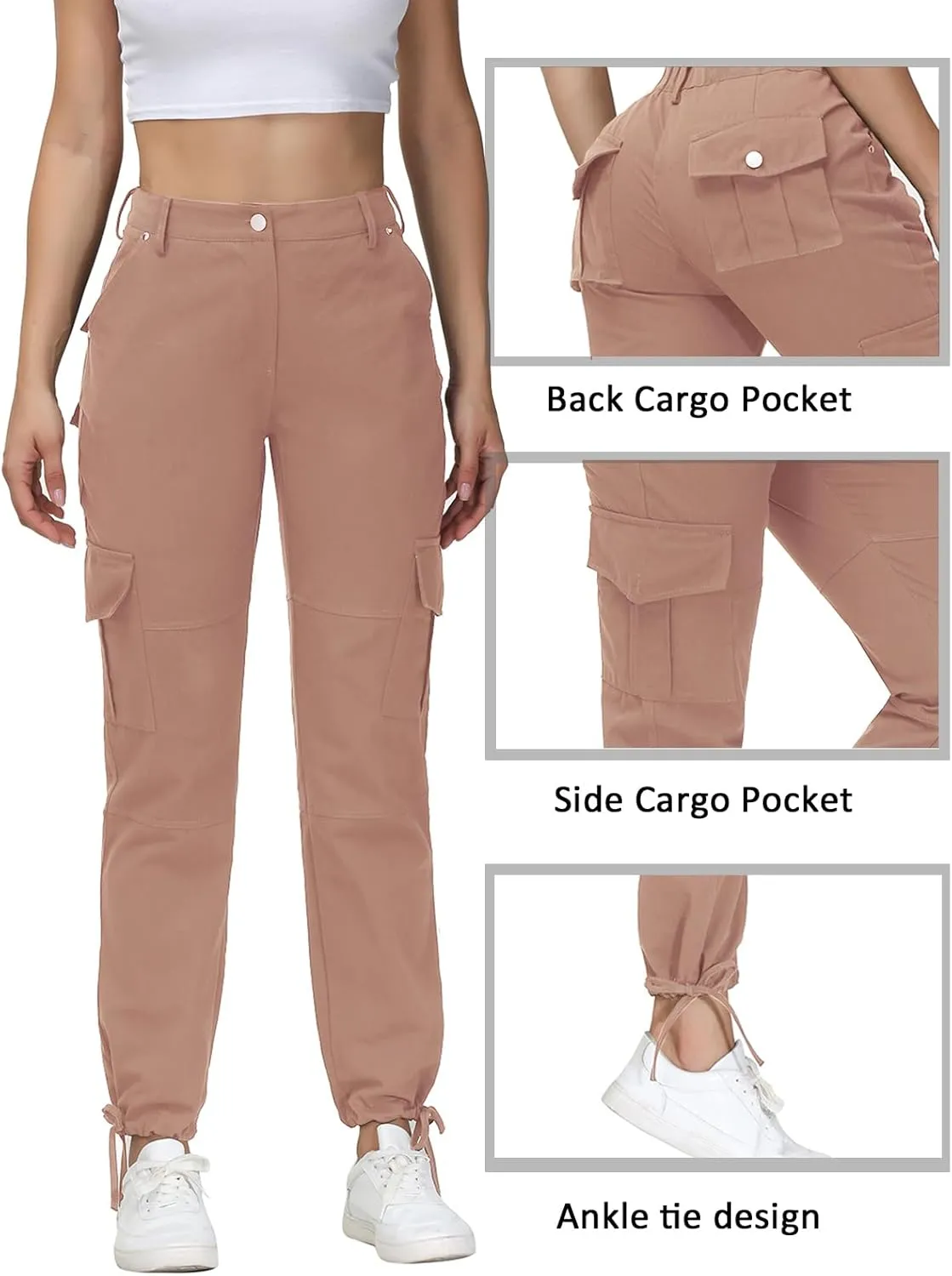 Women Cargo Pants High Waisted Casual Hiking Joggers Pants Adjustable Waist Cargos with 6 Pockets