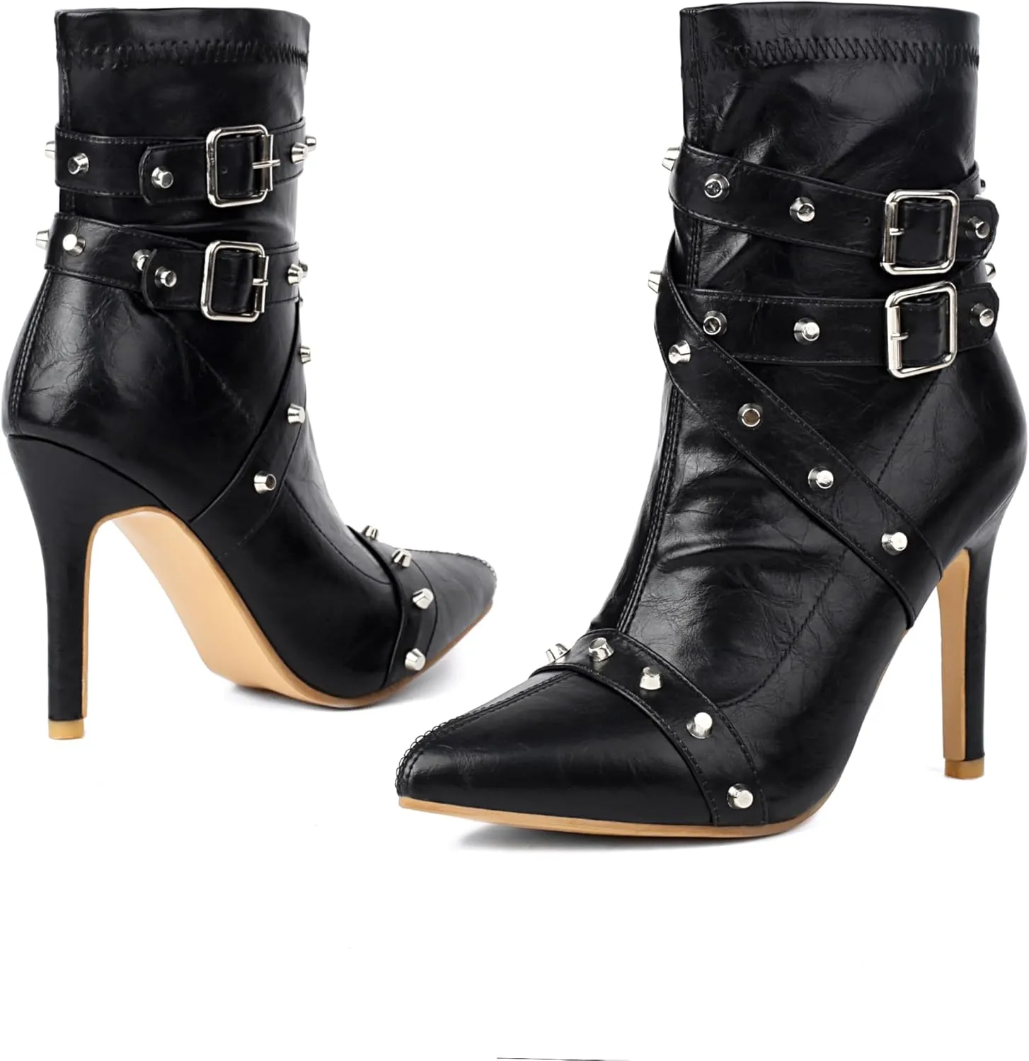Women Classic Studded Pointed Toe Stiletto High Heel Double Buckles Side Zipper Ankle Booties for Party Date