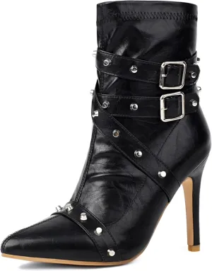 Women Classic Studded Pointed Toe Stiletto High Heel Double Buckles Side Zipper Ankle Booties for Party Date