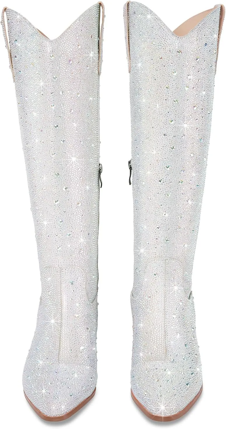 Women Cowboy Boots Cowgirl Rhinestone Mid Calf Western Boots Sparkly Glitter Boots Bling Pointed Toe Chunky Heel Pull On