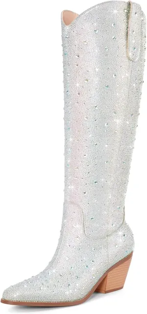 Women Cowboy Boots Cowgirl Rhinestone Mid Calf Western Boots Sparkly Glitter Boots Bling Pointed Toe Chunky Heel Pull On