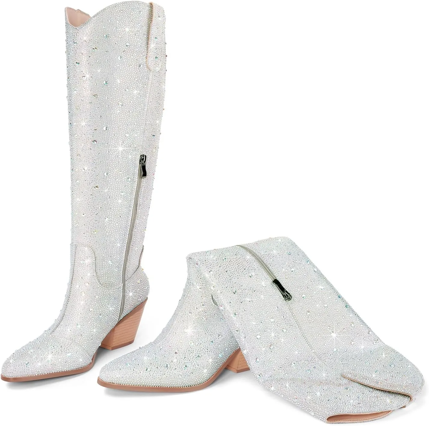 Women Cowboy Boots Cowgirl Rhinestone Mid Calf Western Boots Sparkly Glitter Boots Bling Pointed Toe Chunky Heel Pull On