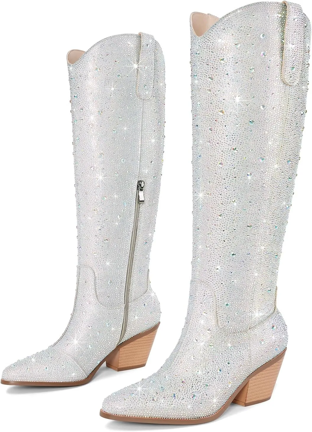 Women Cowboy Boots Cowgirl Rhinestone Mid Calf Western Boots Sparkly Glitter Boots Bling Pointed Toe Chunky Heel Pull On