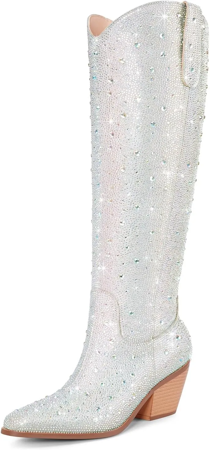 Women Cowboy Boots Cowgirl Rhinestone Mid Calf Western Boots Sparkly Glitter Boots Bling Pointed Toe Chunky Heel Pull On