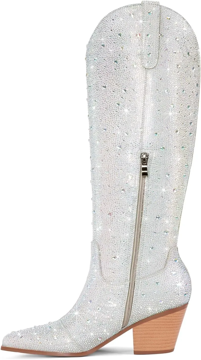 Women Cowboy Boots Cowgirl Rhinestone Mid Calf Western Boots Sparkly Glitter Boots Bling Pointed Toe Chunky Heel Pull On