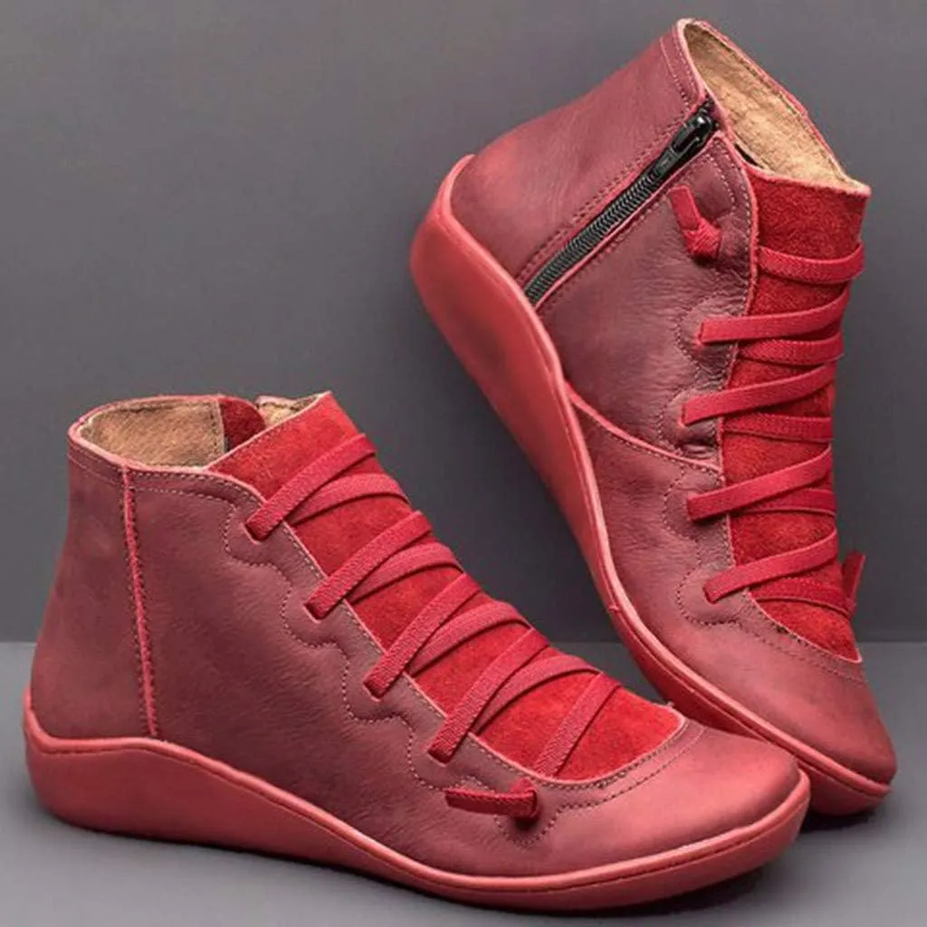 Womens Ankle Boots Faux Suede Leather Retro Ankle Booties Soft Sole Adjustable Lace Up Side Zipper Flat Boots Low Heel