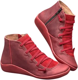 Womens Ankle Boots Faux Suede Leather Retro Ankle Booties Soft Sole Adjustable Lace Up Side Zipper Flat Boots Low Heel