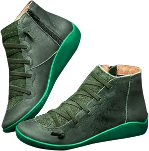 Womens Ankle Boots Faux Suede Leather Retro Ankle Booties Soft Sole Adjustable Lace Up Side Zipper Flat Boots Low Heel