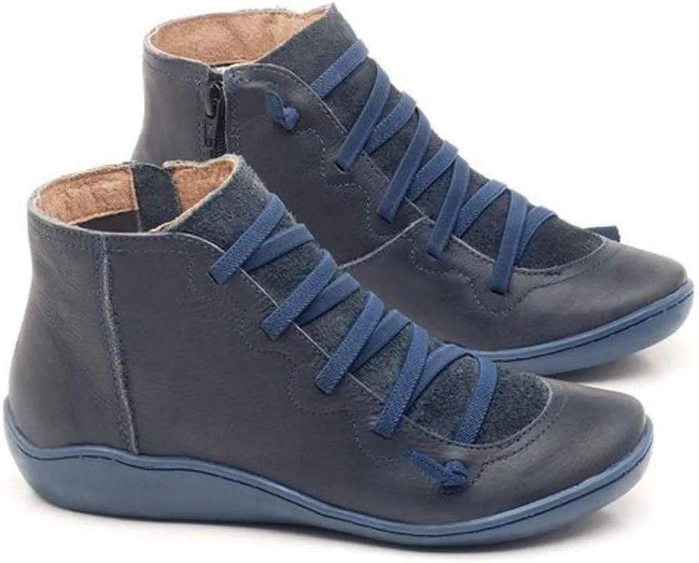 Womens Ankle Boots Faux Suede Leather Retro Ankle Booties Soft Sole Adjustable Lace Up Side Zipper Flat Boots Low Heel