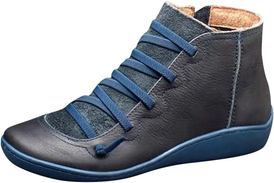 Womens Ankle Boots Faux Suede Leather Retro Ankle Booties Soft Sole Adjustable Lace Up Side Zipper Flat Boots Low Heel