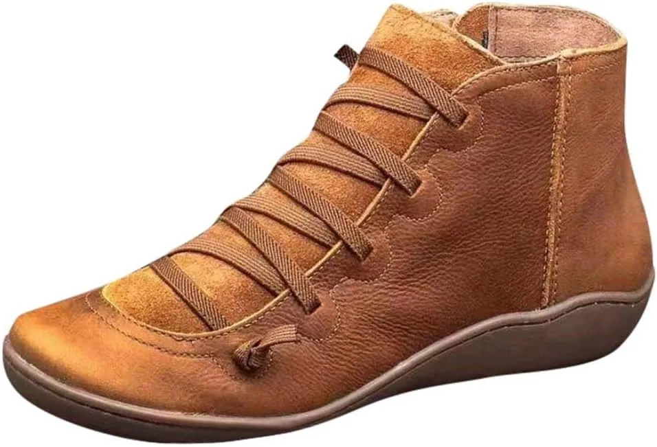 Womens Ankle Boots Faux Suede Leather Retro Ankle Booties Soft Sole Adjustable Lace Up Side Zipper Flat Boots Low Heel