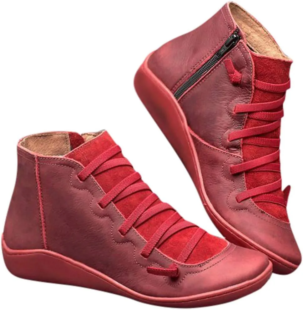 Womens Ankle Boots Faux Suede Leather Retro Ankle Booties Soft Sole Adjustable Lace Up Side Zipper Flat Boots Low Heel