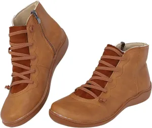 Womens Ankle Boots Faux Suede Leather Retro Ankle Booties Soft Sole Adjustable Lace Up Side Zipper Flat Boots Low Heel