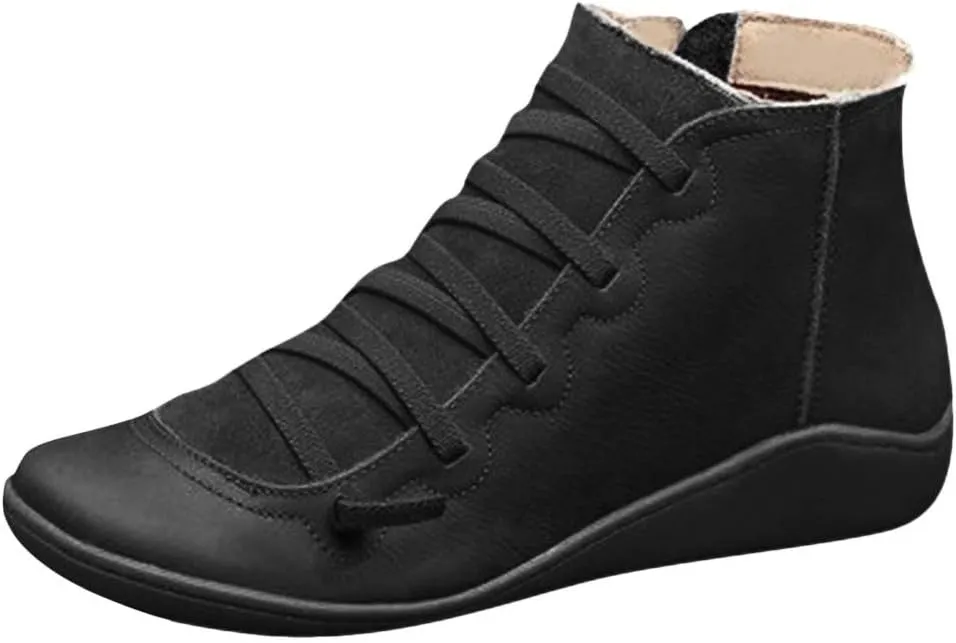 Womens Ankle Boots Faux Suede Leather Retro Ankle Booties Soft Sole Adjustable Lace Up Side Zipper Flat Boots Low Heel