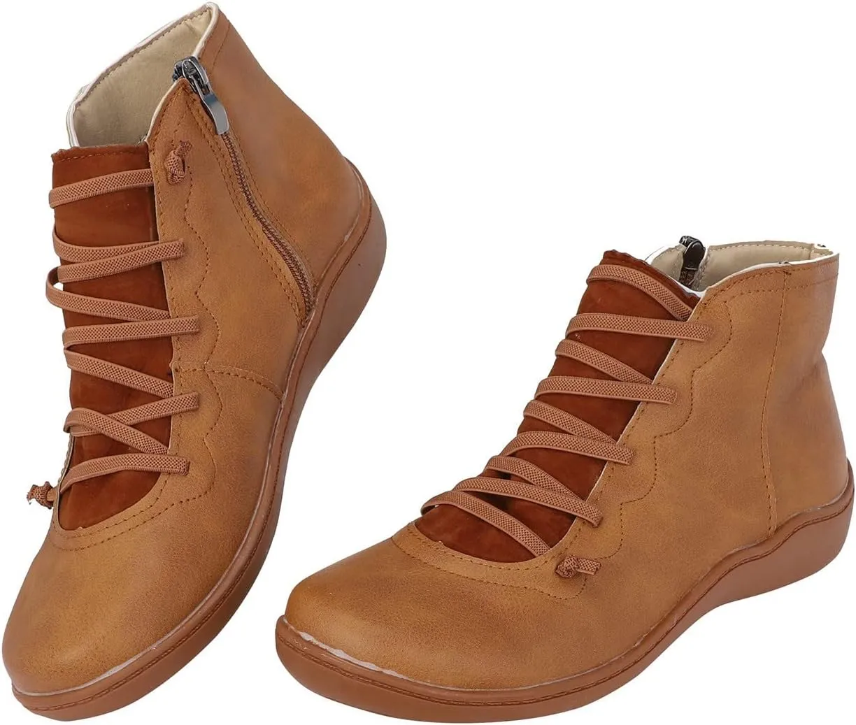 Womens Ankle Boots Faux Suede Leather Retro Ankle Booties Soft Sole Adjustable Lace Up Side Zipper Flat Boots Low Heel