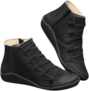 Womens Ankle Boots Faux Suede Leather Retro Ankle Booties Soft Sole Adjustable Lace Up Side Zipper Flat Boots Low Heel
