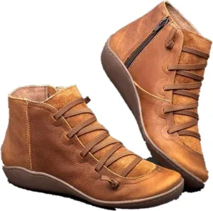 Womens Ankle Boots Faux Suede Leather Retro Ankle Booties Soft Sole Adjustable Lace Up Side Zipper Flat Boots Low Heel