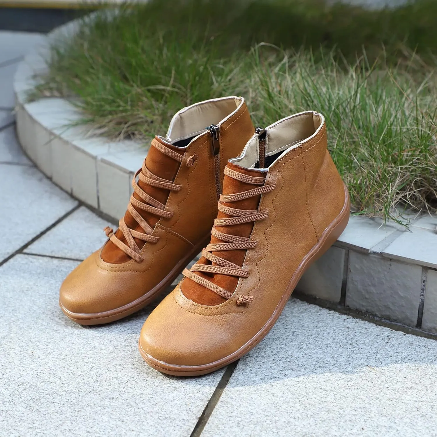 Womens Ankle Boots Faux Suede Leather Retro Ankle Booties Soft Sole Adjustable Lace Up Side Zipper Flat Boots Low Heel