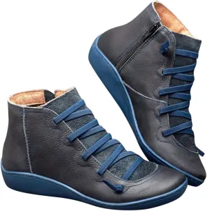 Womens Ankle Boots Faux Suede Leather Retro Ankle Booties Soft Sole Adjustable Lace Up Side Zipper Flat Boots Low Heel