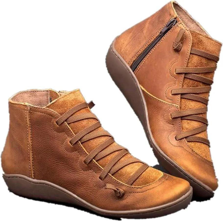 Womens Ankle Boots Faux Suede Leather Retro Ankle Booties Soft Sole Adjustable Lace Up Side Zipper Flat Boots Low Heel