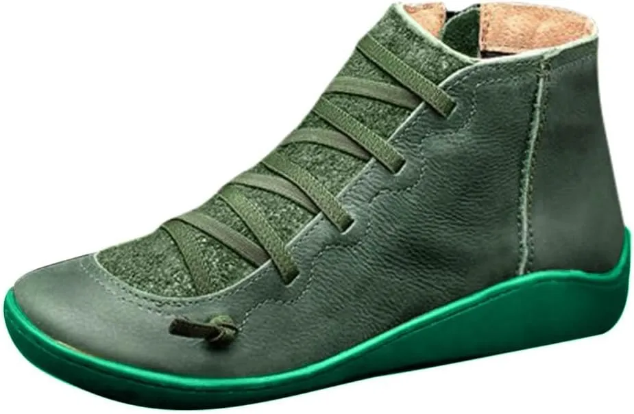 Womens Ankle Boots Faux Suede Leather Retro Ankle Booties Soft Sole Adjustable Lace Up Side Zipper Flat Boots Low Heel