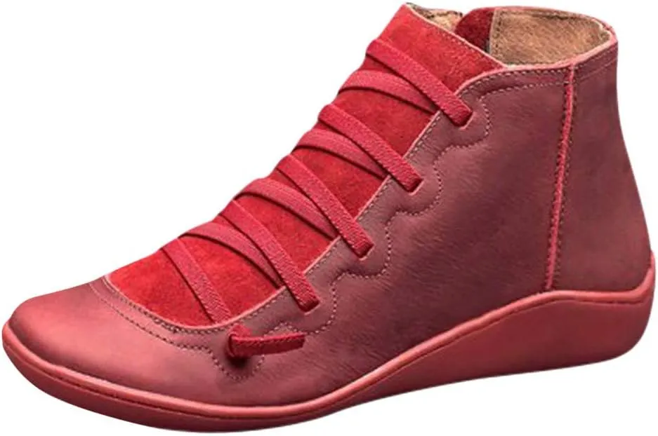 Womens Ankle Boots Faux Suede Leather Retro Ankle Booties Soft Sole Adjustable Lace Up Side Zipper Flat Boots Low Heel