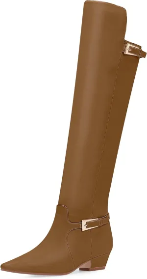 Women's Block Chunky Heel Buckle Strap Knee High Boots Square Toe Tall Fall Boots