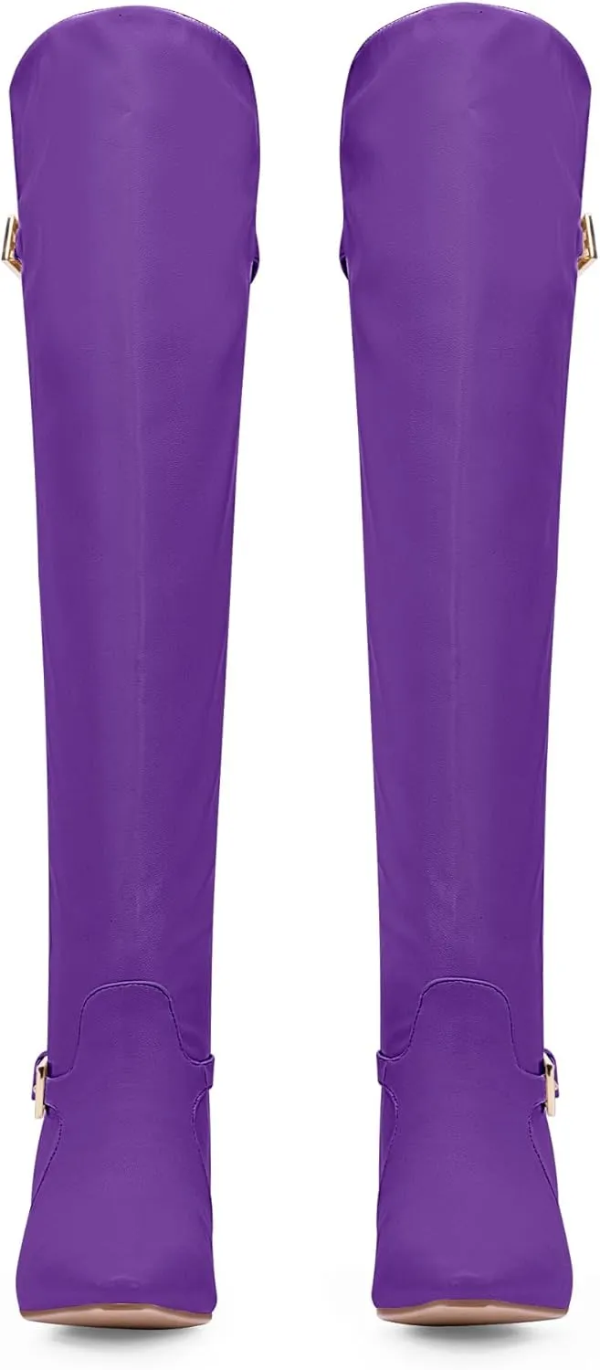 Women's Block Chunky Heel Buckle Strap Knee High Boots Square Toe Tall Fall Boots