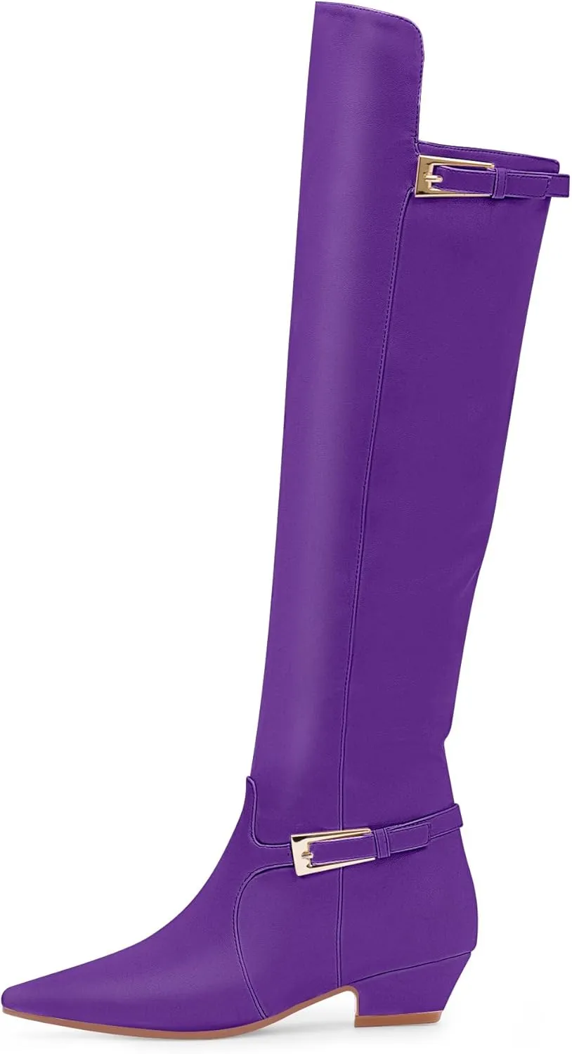 Women's Block Chunky Heel Buckle Strap Knee High Boots Square Toe Tall Fall Boots