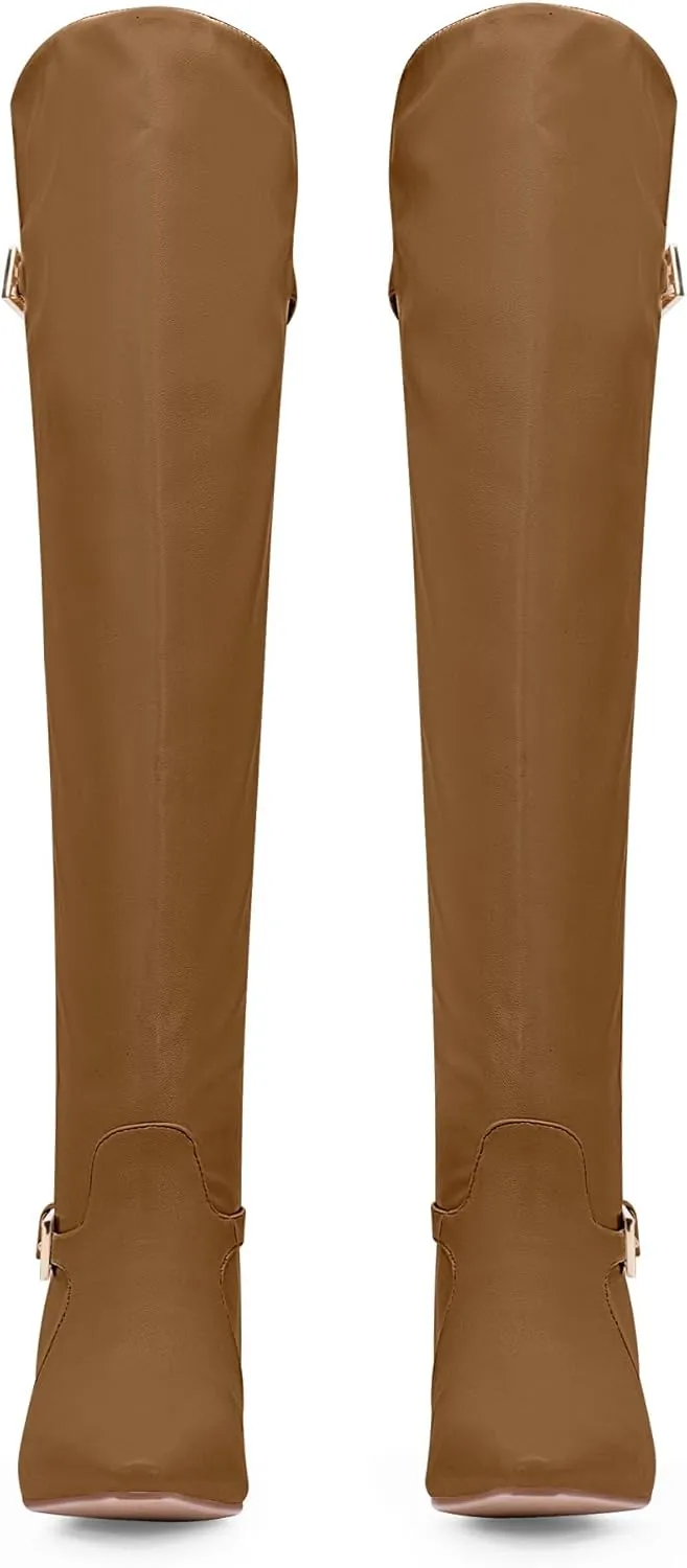 Women's Block Chunky Heel Buckle Strap Knee High Boots Square Toe Tall Fall Boots