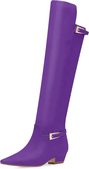 Women's Block Chunky Heel Buckle Strap Knee High Boots Square Toe Tall Fall Boots