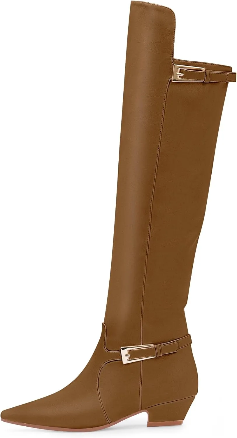 Women's Block Chunky Heel Buckle Strap Knee High Boots Square Toe Tall Fall Boots