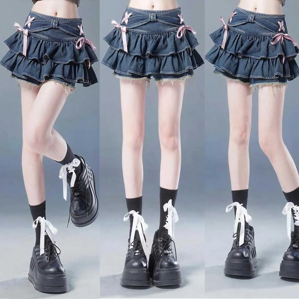 Women's Bow Low Waist Retro Pleated Skirt with Adjustable Waist A-line Mini Denim Skirt Y2K